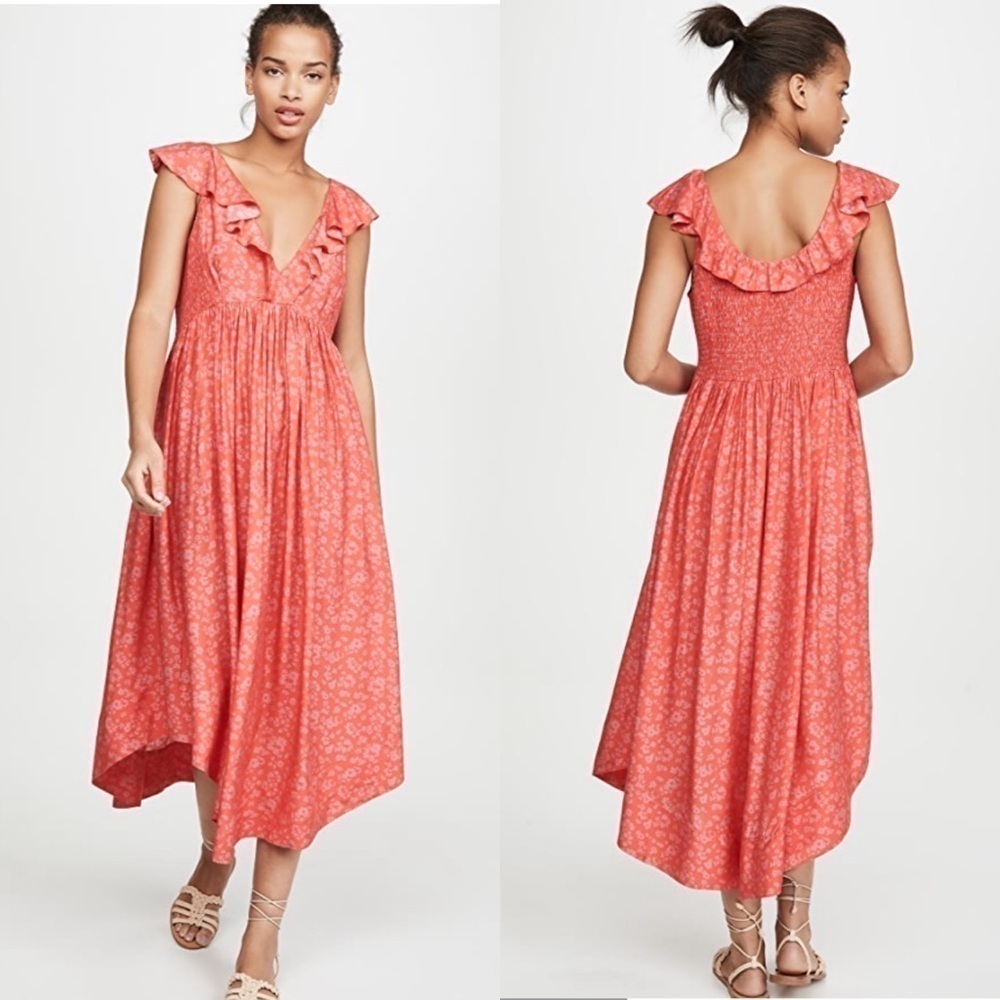 HATCH Maternity Womens Floral Flutter Ruffle Smocked Midi Dress Silk Blend